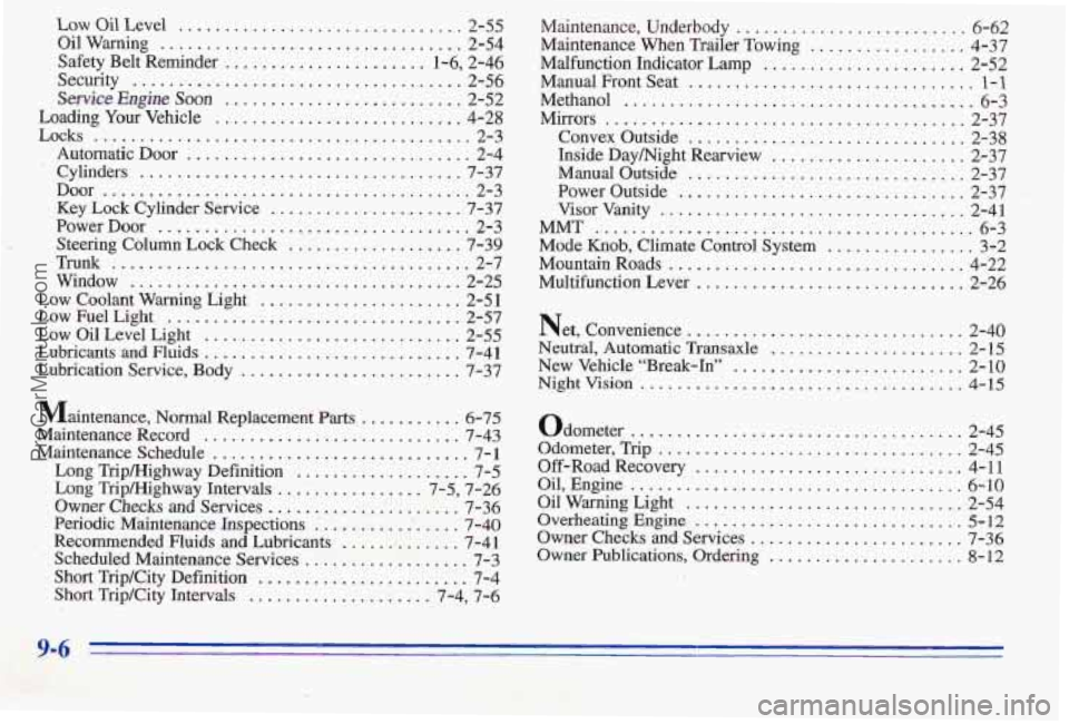 PONTIAC PONTIAC 1996  Owners Manual Low Oil Level ............................. 2-55 
Safety  Belt  Reminder ...................... 1-6, 2-46 
Service Engine Soon .......................... 2-52 
Loading 
Your Vehicle ..................