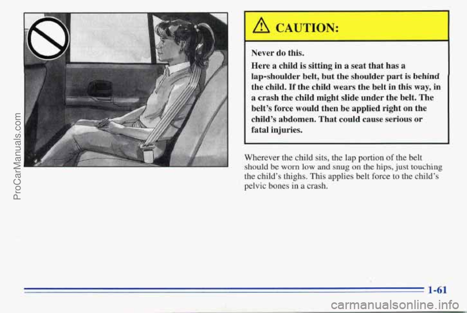 PONTIAC PONTIAC 1996  Owners Manual Never do this. 
Here  a  child  is sitting  in 
a seat that  has a 
lap-shoulder  belt, but the shoulder  part is behind 
the child. If the child  wears  the belt in this way, in 
a crash  the child  