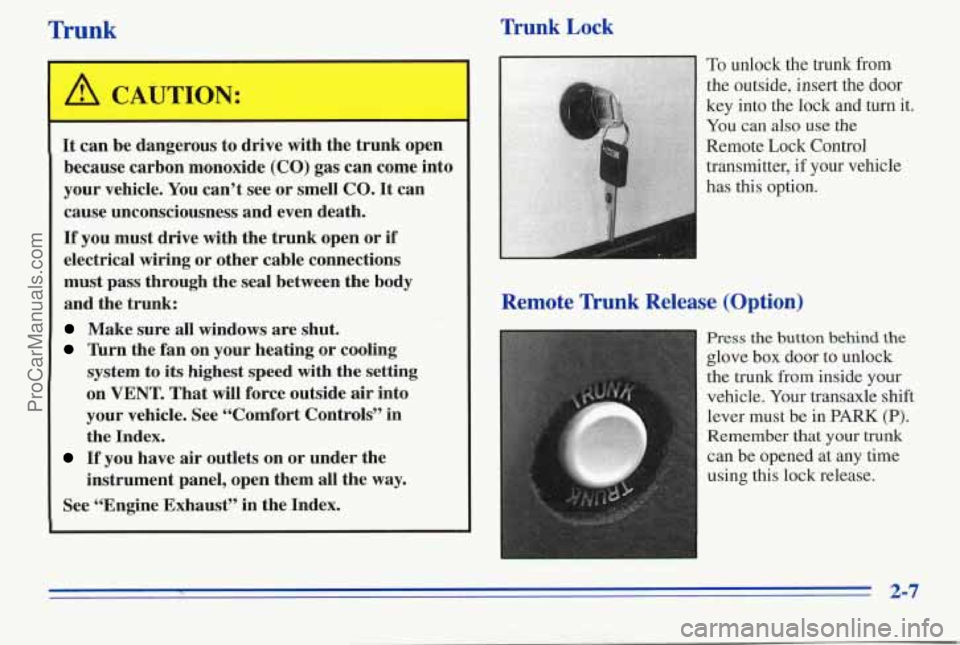 PONTIAC PONTIAC 1996  Owners Manual Trunk Trunk Lock 
A CAUTION: 
It can  be dangerous  to drive  with the trunk  open 
because  carbon monoxide  (CO)  gas  can come  into 
your  vehicle.  You  can’t  see or smell  CO. 
It can 
cause 