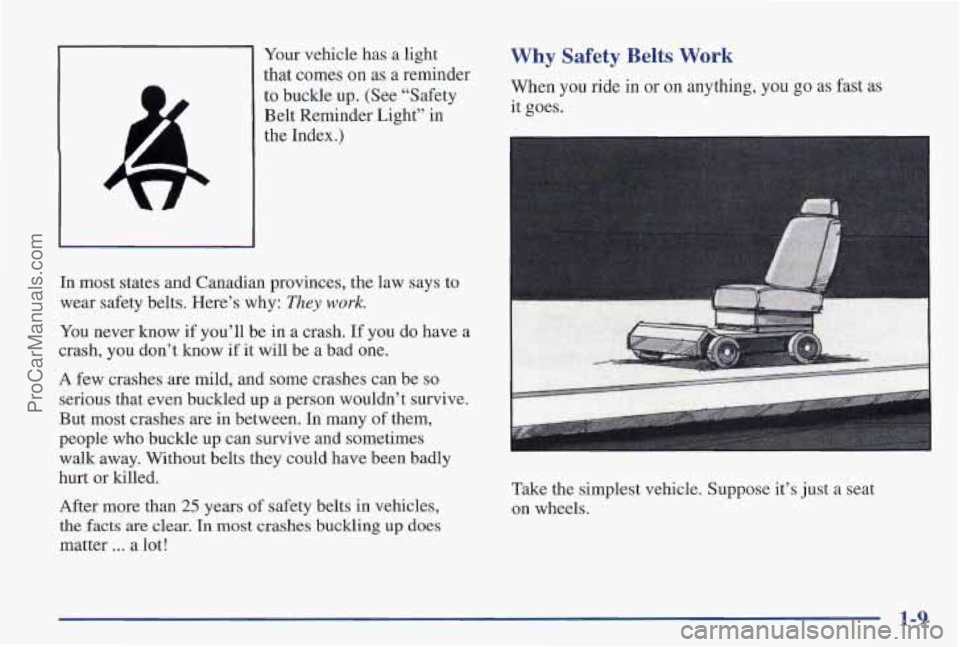 PONTIAC PONTIAC 1997  Owners Manual Your vehicle  has a light 
that  comes  on as a reminder 
to  buckle  up. (See “Safety 
Belt  Reminder Light” in 
the  Index.) 
In most states and Canadian provinces,  the law says  to 
wear safet