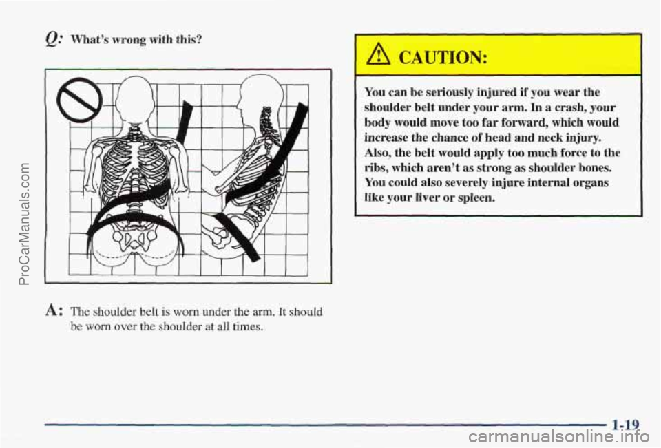 PONTIAC PONTIAC 1997  Owners Manual Q. Whats  wrong  with this? 
A: The shoulder belt is worn under the arm. It should 
be  worn  over the shoulder  at all  times. 
You can  be  seriously  injured if  you wear the 
shoulder belt  unde