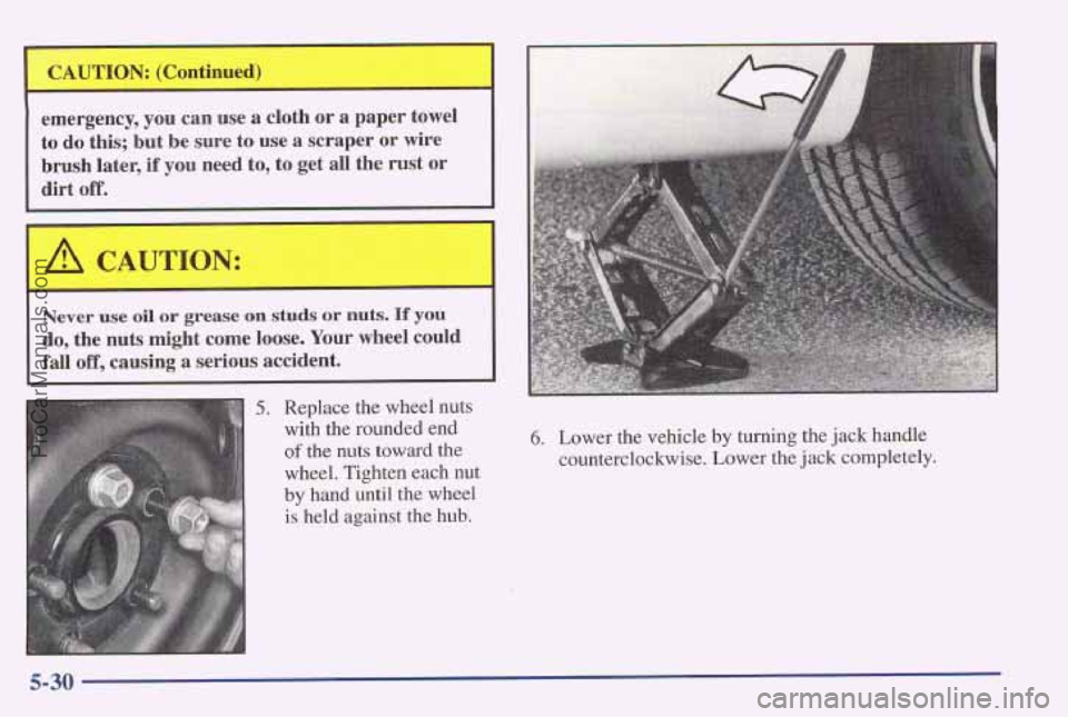 PONTIAC PONTIAC 1997  Owners Manual CAUTION: (Continued) 
emergency,  you  can  use  a  cloth 
or a  paper  towel 
to 
do this;  but  be sure  to use a scraper  or  wire 
brush later, if you  need to, to  get  all  the  rust or 
dirt  o