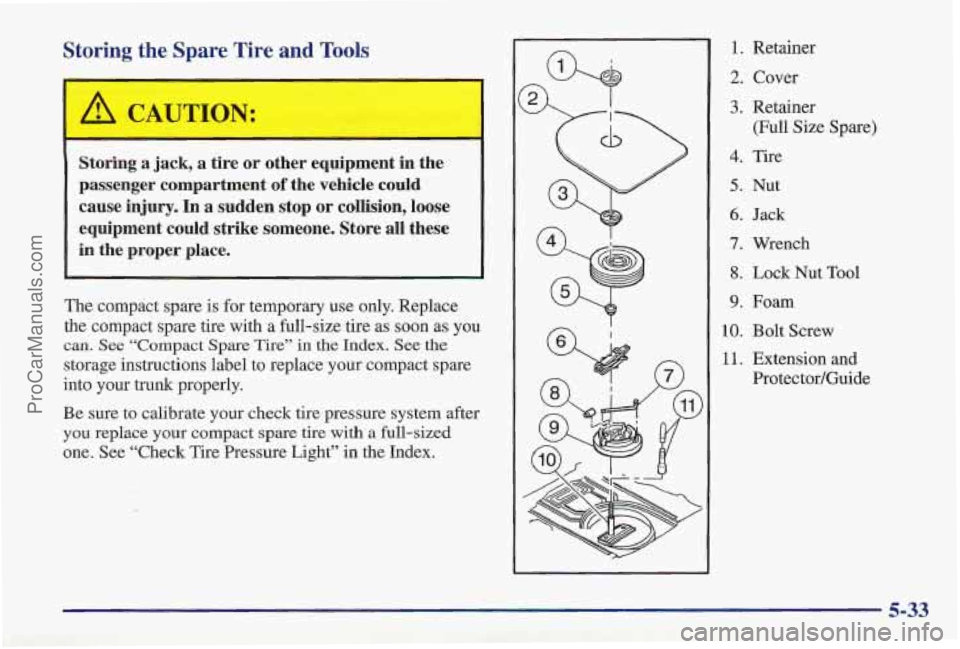 PONTIAC PONTIAC 1997  Owners Manual Storing the Spare  Tire  and  Tools 
1 
I 
Storing a  jack,  a  tire  or  ‘other  equipment  in  the 
passenger  compartment 
of the  vehicle  could 
cause  injury.  In  a  sudden  stop  or  collisi