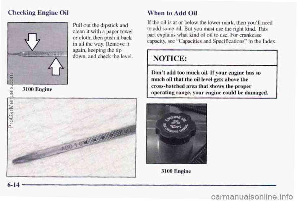 PONTIAC PONTIAC 1997  Owners Manual Checking Engine Oil 
Pull out the dipstick and 
clean it with 
a paper towel 
or  cloth,  then push 
it back 
in  all 
the way.  Remove  it 
again, keeping the tip 
down, and check 
the level. 
3100 E