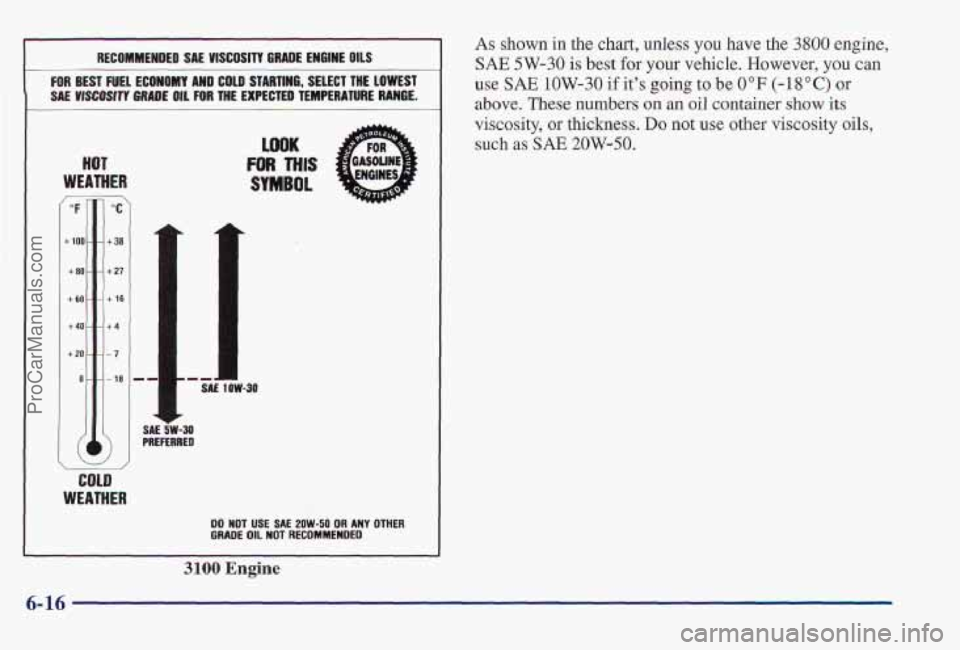 PONTIAC PONTIAC 1997  Owners Manual ~ REClOMMENDED SA€ VISCOSITY GRADE 
ENGINE OILS 
FOR BEST FUEL ECONOMY AND COLD  STARTIMI;,  SELECf THE LOWEST 
SAL 
V!§COSITI WAD€ OIL FOR THE  EXPECTED TEMPERATURE RANGE. 
HOT 
WEATHER 
LOOK 
F