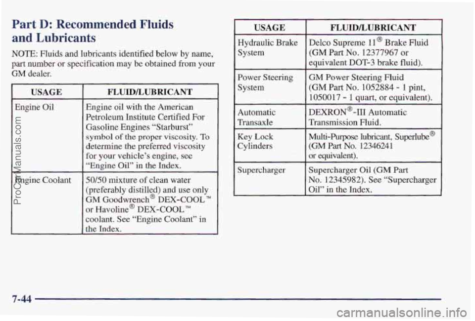 PONTIAC PONTIAC 1997  Owners Manual Part D: Recommended Fluids 
and Lubricants 
NOTE: Fluids and lubricants identified below  by name, 
part number or specification  may be obtained from your 
GM dealer. 
USAGE 
Engine  Oil 
Engine Cool