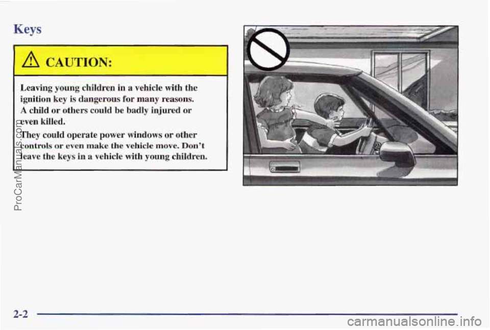 PONTIAC PONTIAC 1997  Owners Manual Keys 
Leaving  young children in a vehicle  with  the 
ignition  key 
is dangerous  for  many  reasons. 
A child  or  others  could  be  badly  injured  or 
even  killed. 
They  could  operate  power 