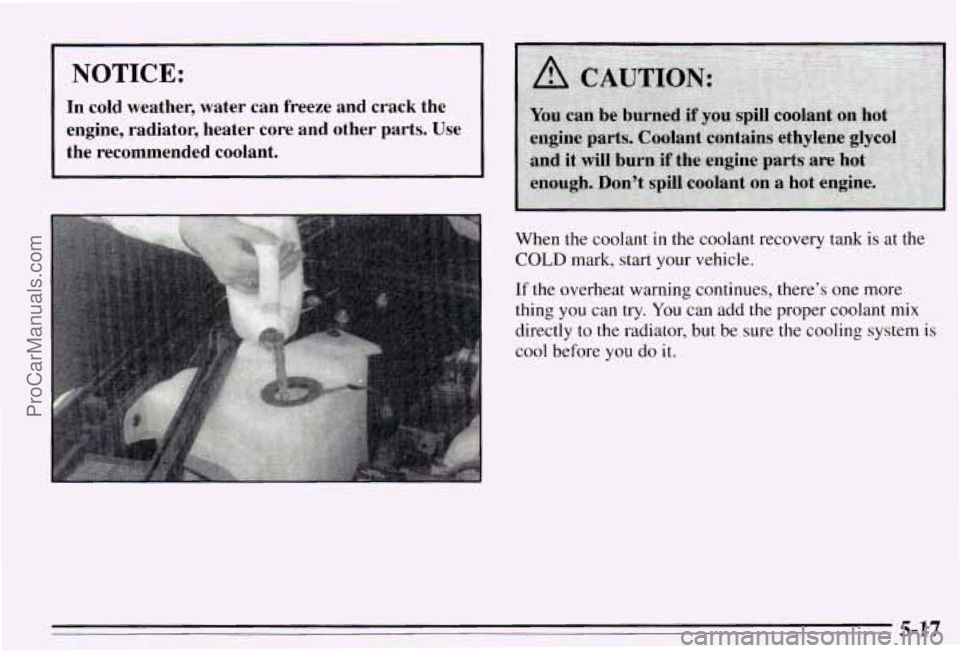 PONTIAC PONTIAC 1995  Owners Manual NOTICE: 
In cold  weather,  water  can  kreeze  and  crack  the 
engine,  radiator,  heater  core  and  other  parts.  Use 
the  recommended  coolant. 
When  the  coolant  in the  coolant  recovery  t