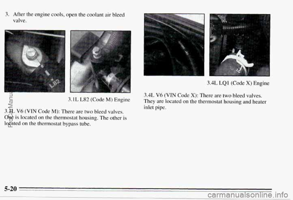 PONTIAC PONTIAC 1995  Owners Manual 3. After  the  engine  cools,  open  the  coolant air bleed 
valve. 
3.1L L82 (Code M) Engine 
3.1L V6 (VIN Code M): There  are two  bleed valves. 
One is located on the  thermostat  housing.  The oth