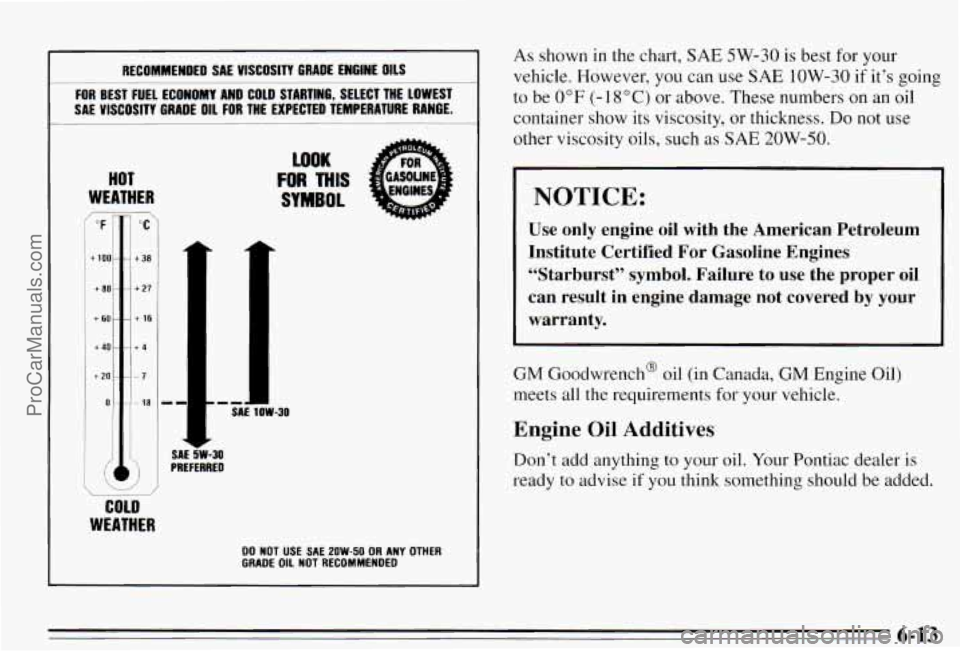 PONTIAC PONTIAC 1995  Owners Manual RECOMMENOED  SAE  VISCOSITY GRADE ENGINE  OILS 
FOR BEST FUEL ECONOMY AND  COLD STARTING,  SELECT  THE  LOWEi 
SAE  VISCOSITY  GRADE  OIL 
FOR THE EXPECTED TEMPERATURE  RANGE. 
HOT 
WEATHER 
“F 
+lo