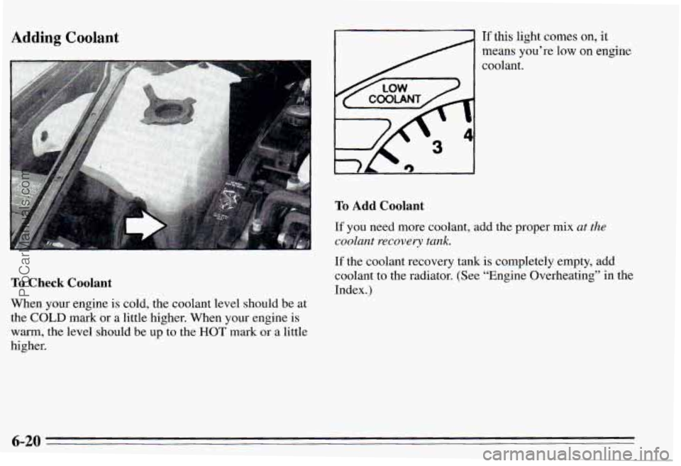 PONTIAC PONTIAC 1995  Owners Manual Adding Coolant 
To Check  Coolant 
When  your  engine is cold,  the  coolant  level  should  be  at 
the 
COLD mark or  a  little  higher.  When  your  engine  is 
warm, the level  should  be up  to t