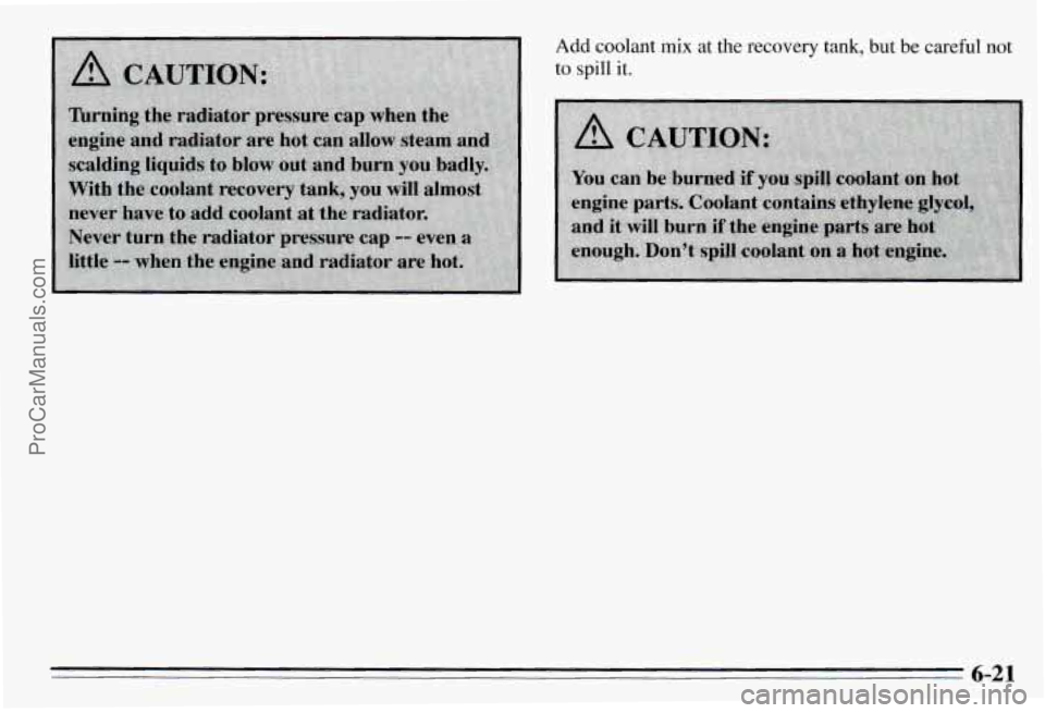 PONTIAC PONTIAC 1995  Owners Manual Add coolant mix at the  recovery  tank, but  be  careful not 
to  spill 
it. 
6-21 
ProCarManuals.com 