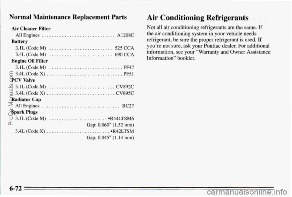 PONTIAC PONTIAC 1995  Owners Manual Normal Maintenance  Replacement Parts 
Air Cleaner  Filter 
Battery 
All Engines ............................. A1208C 
3.1L  (Code 
M) ......................... 525 CCA 
3.4L  (Code 
M) ..............