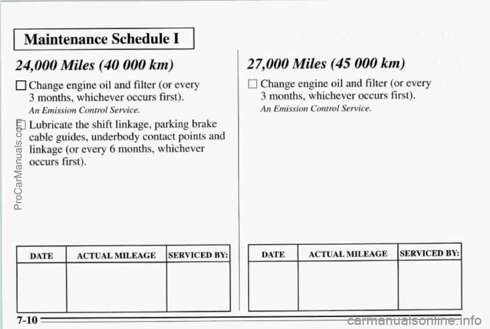 PONTIAC PONTIAC 1995  Owners Manual -~ 
24,000 Miles (40 000 km) 
Change  engine oil and filter (or every 
3 months,  whichever occurs, first). 
An Emission Control Service. 
17 Lubricate  the shift linkage,  parking  brake 
cable  guid