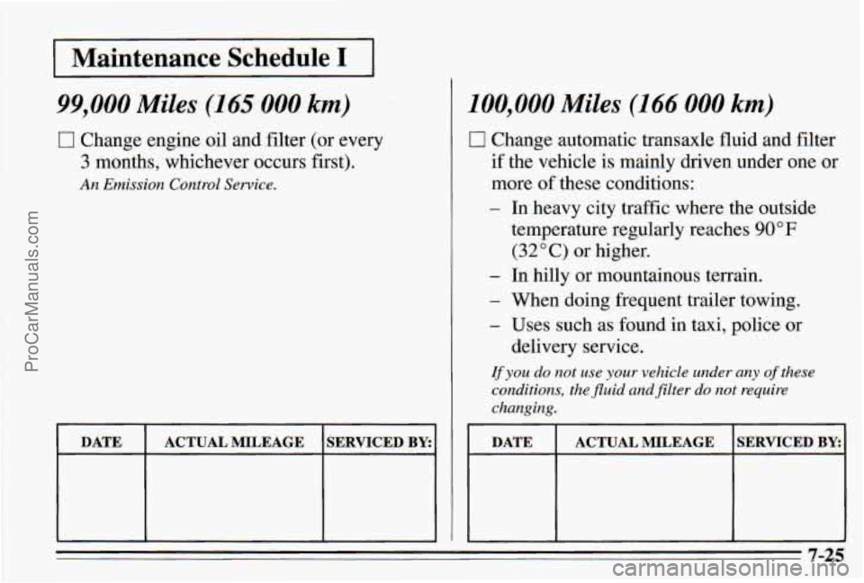 PONTIAC PONTIAC 1995  Owners Manual I Maintenance  Schedule I I 
99,000 Miles (165 000 km) 
Cl Change engine oil and filter  (or  every 
3 months,  whichever  occurs  first). 
An Emission Control Service. 
DATE 
SERVICED BY: ACTUAL  MIL