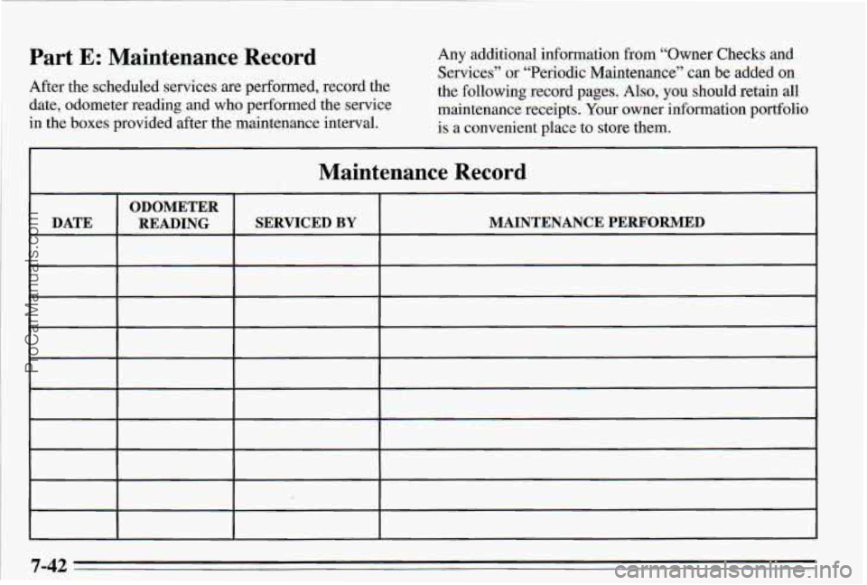 PONTIAC PONTIAC 1995  Owners Manual Part E: Maintenanc Record 
After the scheduled  services  are  performed,  record the 
date,  odometer  reading  and  who  performed  the service 
in  the  boxes  provided  after the maintenance  inte