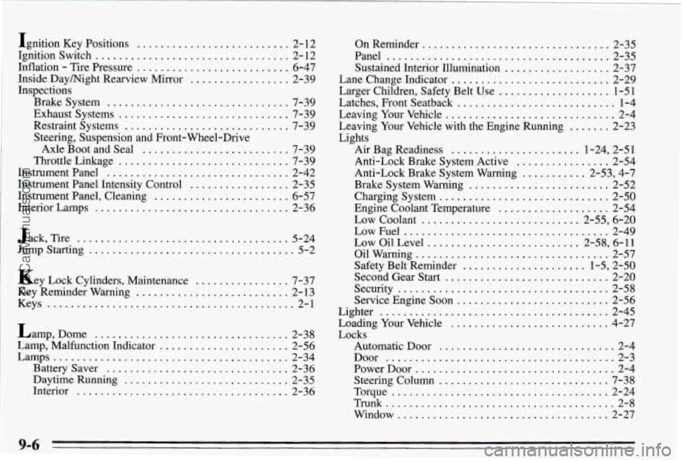 PONTIAC PONTIAC 1995  Owners Manual Ignition Key Positions .......................... 2-12 
Ignition  Switch 
................................. 2- 12 
Inflation 
- Tire  Pressure .......................... 6-47 
Inside Daymight  Rearvie