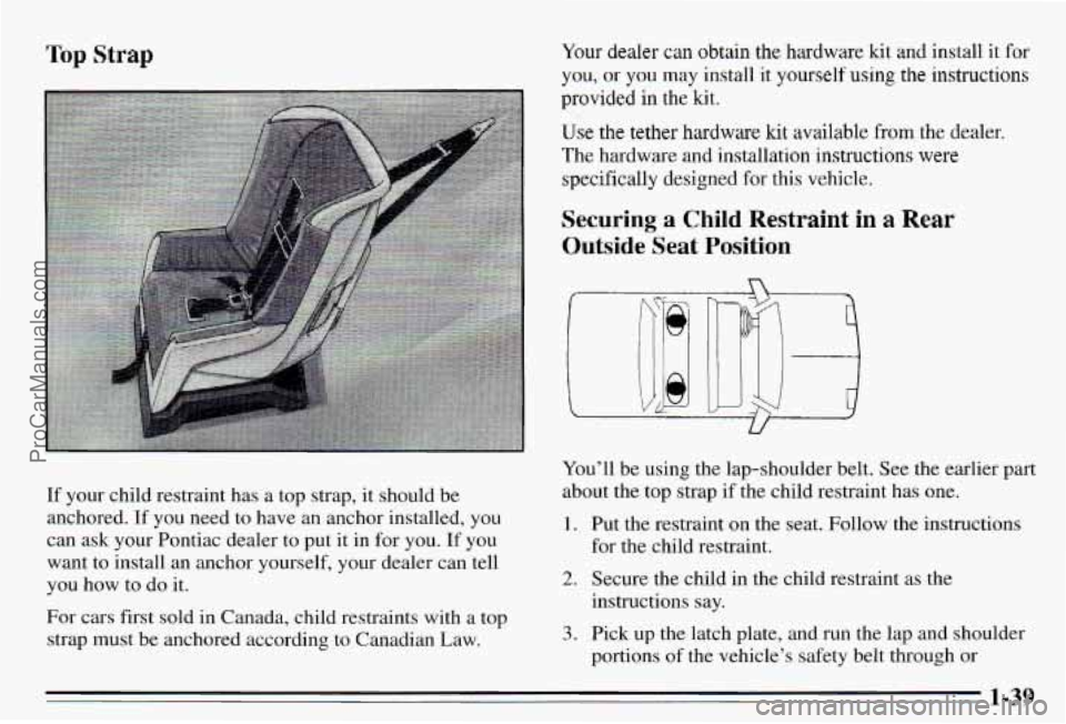 PONTIAC PONTIAC 1995  Owners Manual Top Strap Your dealer can obtain  the hardware kit  and  install it for 
you,  or you  may  install it yourself  using  the  instructions 
provided 
in the kit. 
Use  the  tether 
hardware kit availab