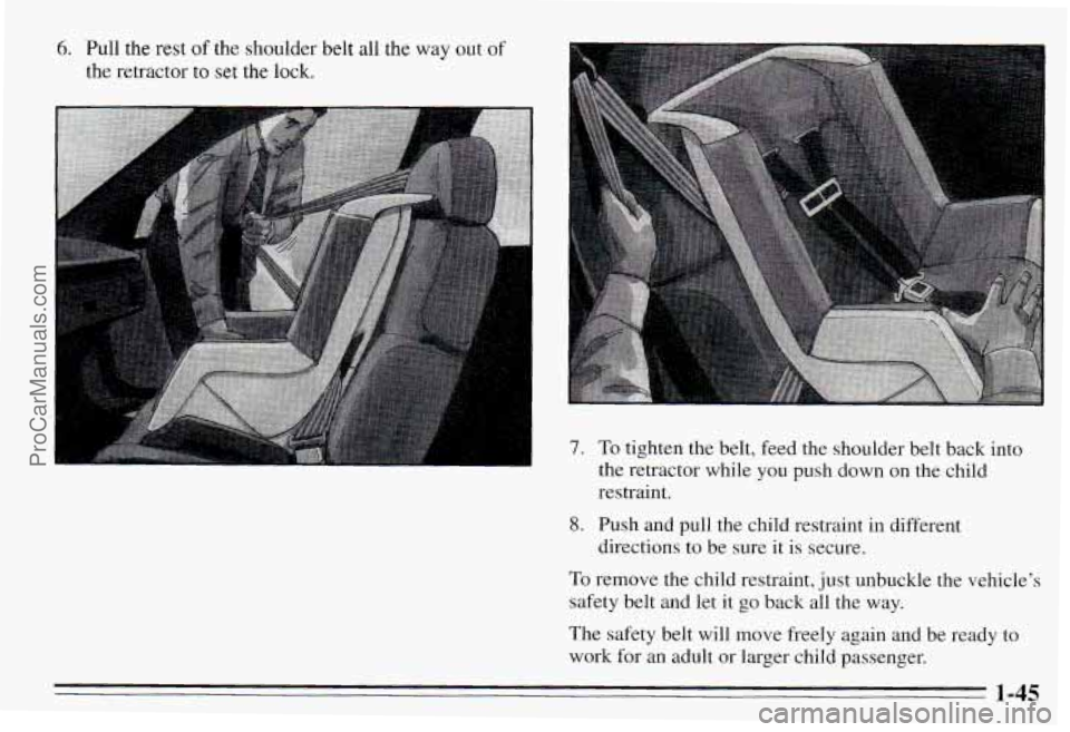 PONTIAC PONTIAC 1995  Owners Manual 6. Pull the rest of the  shoulder  belt all  the  way  out  of 
the  retractor 
to set the  lock. 
7. To tighten  the  belt, feed  the  shoulder  belt back  into 
the  retractor  while  you  push  dow