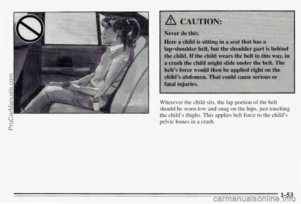 PONTIAC PONTIAC 1995  Owners Manual Wherever  the  child  sits,  the lap portion of the  belt 
should  be 
worn low and  snug  on  the  hips,  just touching 
the  child’s  thighs.  This applies  belt  force  to  the  child’s 
pelvic