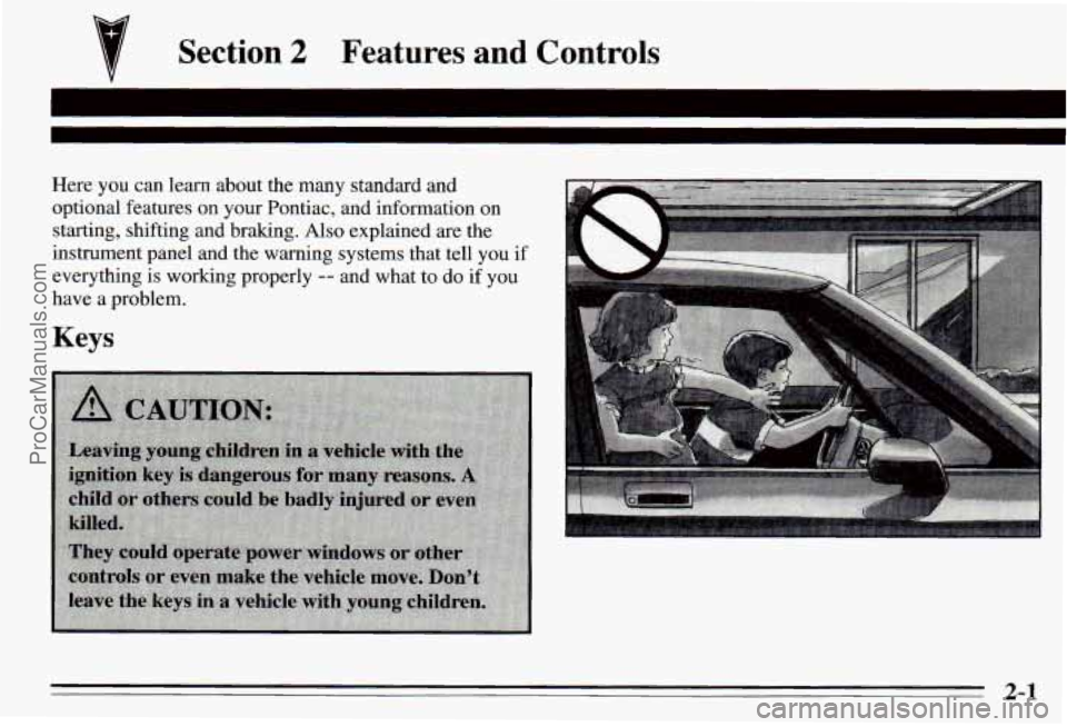 PONTIAC PONTIAC 1995  Owners Manual v Section 2 Features  and  Controls 
Here  you  can  learn  about  the  many  standard  and 
optional  features on  your  Pontiac,  and  information 
on 
starting,  shifting  and  bralung. Also explai