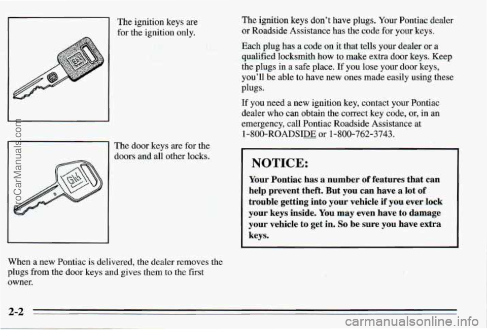 PONTIAC PONTIAC 1995  Owners Manual The ignition  keys are 
for the  ignition  only. 
The door  keys  are for the 
doors  and 
all other locks. 
When  a new  Pontiac  is delivered,  the  dealer  removes  the 
plugs from the  door  keys 