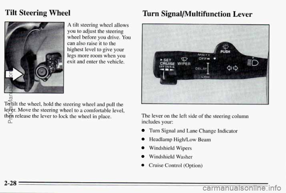 PONTIAC PONTIAC 1995  Owners Manual Tilt  Steering Wheel 
A tilt  steering  wheel  allows 
you  to adjust  the  steering 
wheel  before  you  drive. 
You 
can also raise it to the 
highest  level 
to give  your 
legs  more  room  when  