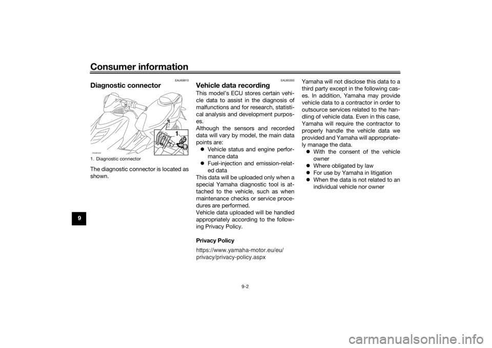YAMAHA AEROX50 2018  Owners Manual Consumer information
9-2
9
EAU69910
Diagnostic connectorThe diagnostic connector is located as
shown.
EAU85300
Vehicle data recordingThis model’s ECU stores certain vehi-
cle data to assist in the d