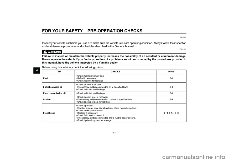 YAMAHA AEROX50 2009 Owners Manual FOR YOUR SAFETY – PRE-OPERATION CHECKS
4-1
4
EAU15596
Inspect your vehicle each time you use it to make sure the vehicle is in safe operating condition. Always follow the inspection
and maintenance YAMAHA AEROX50 2009 Owners Manual FOR YOUR SAFETY – PRE-OPERATION CHECKS
4-1
4
EAU15596
Inspect your vehicle each time you use it to make sure the vehicle is in safe operating condition. Always follow the inspection
and maintenance