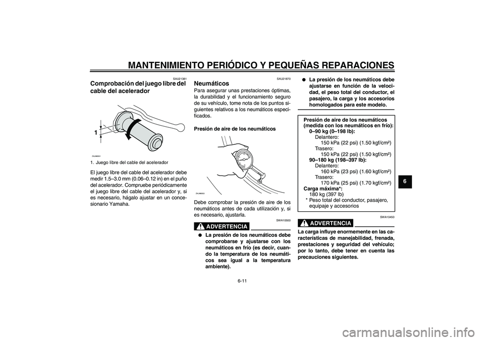 YAMAHA AEROX50 2007 Manuale de Empleo (in Spanish) MANTENIMIENTO PERIÓDICO Y PEQUEÑAS REPARACIONES
6-11
6
SAU21381
Comprobación del juego libre del
cable del acelerador El juego libre del cable del acelerador debe
medir 1.5–3.0 mm (0.06–0.12 i YAMAHA AEROX50 2007 Manuale de Empleo (in Spanish) MANTENIMIENTO PERIÓDICO Y PEQUEÑAS REPARACIONES
6-11
6
SAU21381
Comprobación del juego libre del
cable del acelerador El juego libre del cable del acelerador debe
medir 1.5–3.0 mm (0.06–0.12 i