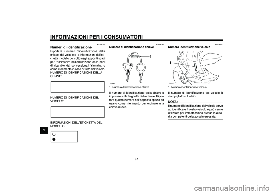 YAMAHA AEROX50 2005  Manuale duso (in Italian) INFORMAZIONI PER I CONSUMATORI
9-1
9
HAU26351
Numeri di identificazione Riportare i numeri d’identificazione della
chiave, del veicolo e le informazioni dell’eti-
chetta modello qui sotto negli ap