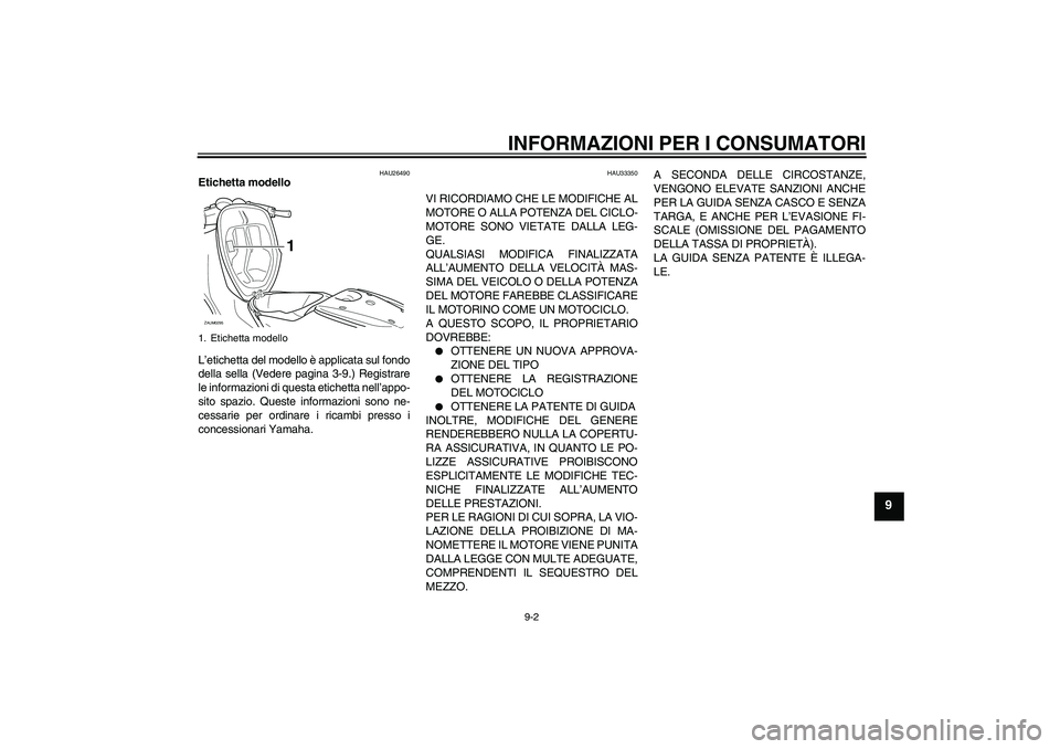 YAMAHA AEROX50 2005  Manuale duso (in Italian) INFORMAZIONI PER I CONSUMATORI
9-2
9
HAU26490
Etichetta modello 
L’etichetta del modello è applicata sul fondo
della sella (Vedere pagina 3-9.) Registrare
le informazioni di questa etichetta nell