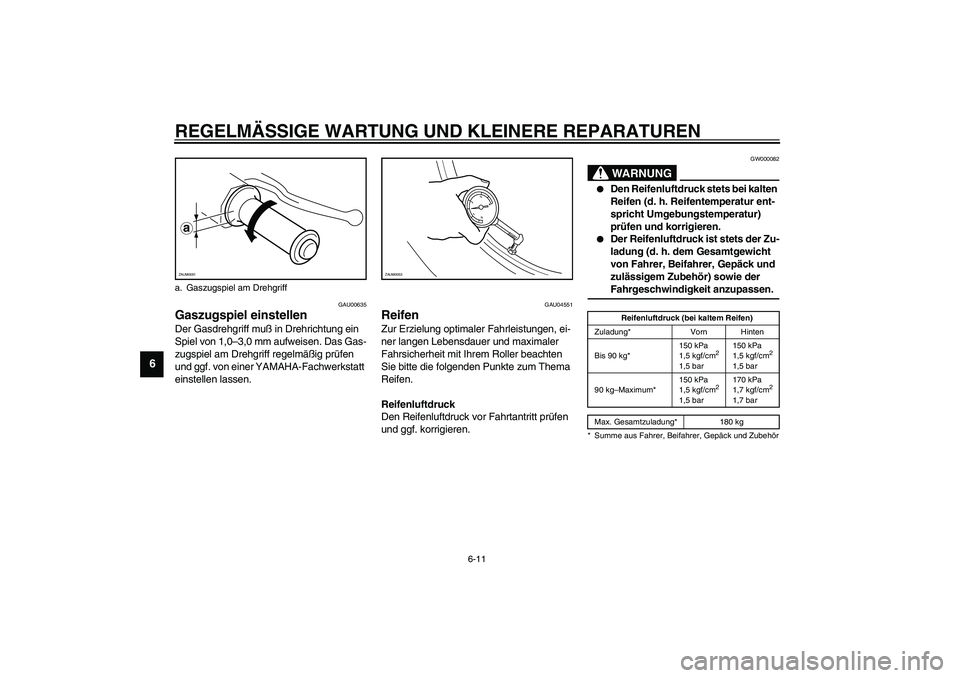 YAMAHA AEROX50 2003 Betriebsanleitungen (in German) REGELMÄSSIGE WARTUNG UND KLEINERE REPARATUREN
6-11
6
GAU00635
Gaszugspiel einstellen Der Gasdrehgriff muß in Drehrichtung ein
Spiel von 1,0–3,0 mm aufweisen. Das Gas-
zugspiel am Drehgriff regelm YAMAHA AEROX50 2003 Betriebsanleitungen (in German) REGELMÄSSIGE WARTUNG UND KLEINERE REPARATUREN
6-11
6
GAU00635
Gaszugspiel einstellen Der Gasdrehgriff muß in Drehrichtung ein
Spiel von 1,0–3,0 mm aufweisen. Das Gas-
zugspiel am Drehgriff regelm