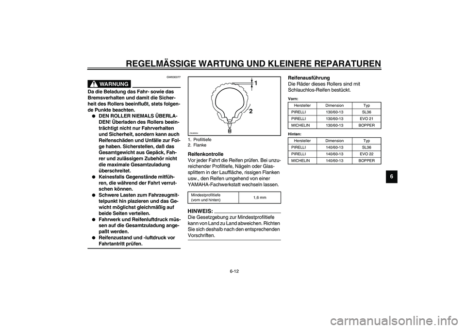 YAMAHA AEROX50 2003 Betriebsanleitungen (in German) REGELMÄSSIGE WARTUNG UND KLEINERE REPARATUREN
6-12
6
GW000077
WARNUNG
_ Da die Beladung das Fahr- sowie das
Bremsverhalten und damit die Sicher-
heit des Rollers beeinflußt, stets folgen-
de Punkte YAMAHA AEROX50 2003 Betriebsanleitungen (in German) REGELMÄSSIGE WARTUNG UND KLEINERE REPARATUREN
6-12
6
GW000077
WARNUNG
_ Da die Beladung das Fahr- sowie das
Bremsverhalten und damit die Sicher-
heit des Rollers beeinflußt, stets folgen-
de Punkte