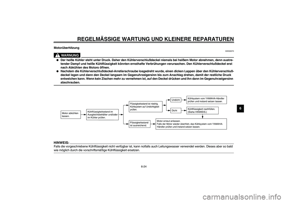 YAMAHA AEROX50 2003 Betriebsanleitungen (in German) REGELMÄSSIGE WARTUNG UND KLEINERE REPARATUREN
6-24
6
Motorüberhitzung
GW000070
WARNUNG
_
Der heiße Kühler steht unter Druck. Daher den Kühlerverschlußdeckel niemals bei heißem Motor abnehmen, YAMAHA AEROX50 2003 Betriebsanleitungen (in German) REGELMÄSSIGE WARTUNG UND KLEINERE REPARATUREN
6-24
6
Motorüberhitzung
GW000070
WARNUNG
_
Der heiße Kühler steht unter Druck. Daher den Kühlerverschlußdeckel niemals bei heißem Motor abnehmen,