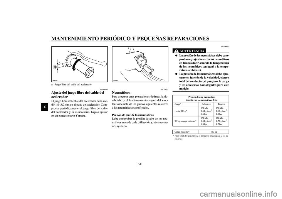 YAMAHA AEROX50 2003 Manuale de Empleo (in Spanish) MANTENIMIENTO PERIÓDICO Y PEQUEÑAS REPARACIONES
6-11
6
SAU00635
Ajuste del juego libre del cable del
acelerador El juego libre del cable del acelerador debe me-
dir 1,0–3,0 mm en el puño del ace YAMAHA AEROX50 2003 Manuale de Empleo (in Spanish) MANTENIMIENTO PERIÓDICO Y PEQUEÑAS REPARACIONES
6-11
6
SAU00635
Ajuste del juego libre del cable del
acelerador El juego libre del cable del acelerador debe me-
dir 1,0–3,0 mm en el puño del ace