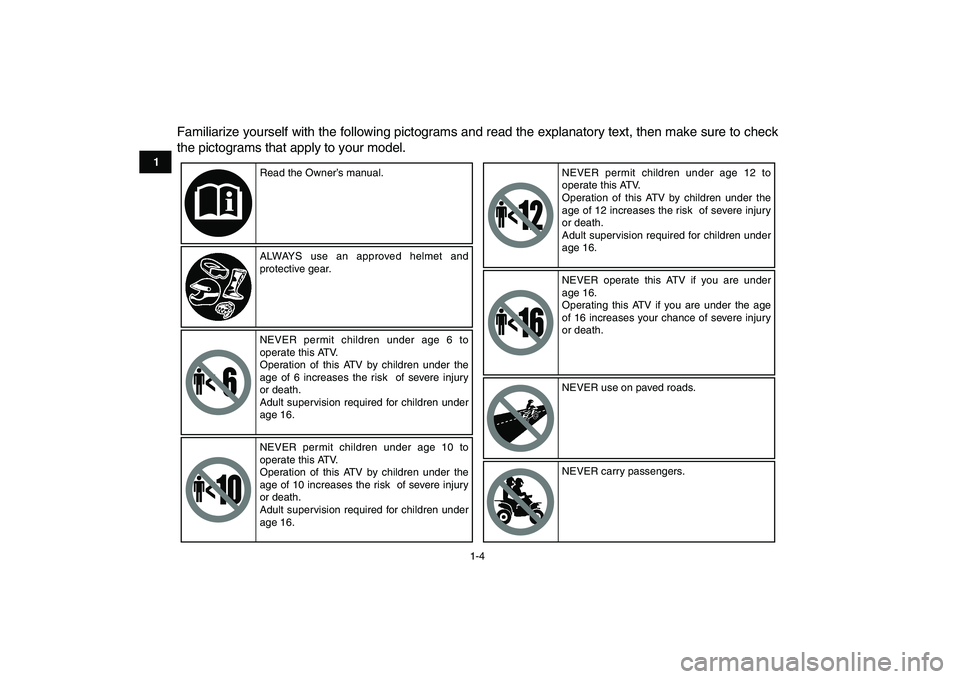 YAMAHA BANSHEE 350 2011  Owners Manual  
1-4 
1
2
3
4
5
6
7
8
9
10
11
 
Familiarize yourself with the following pictograms and read the explanatory text, then make sure to check
the pictograms that apply to your model.
Read the Owner’s m
