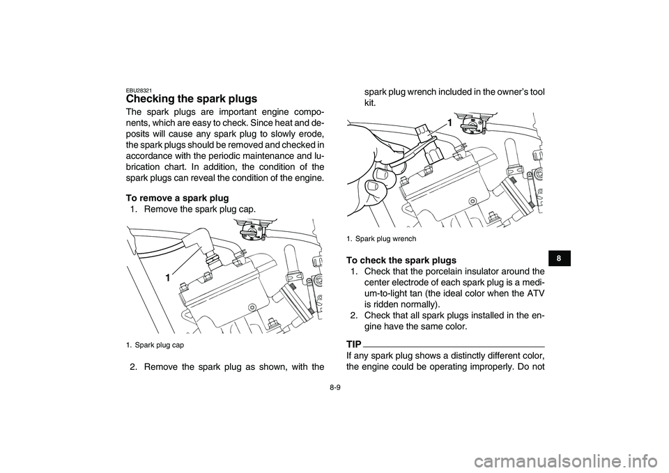 YAMAHA BANSHEE 350 2011  Owners Manual  
8-9 
1
2
3
4
5
6
78
9
10
11
 
EBU28321 
Checking the spark plugs  
The spark plugs are important engine compo-
nents, which are easy to check. Since heat and de-
posits will cause any spark plug to 