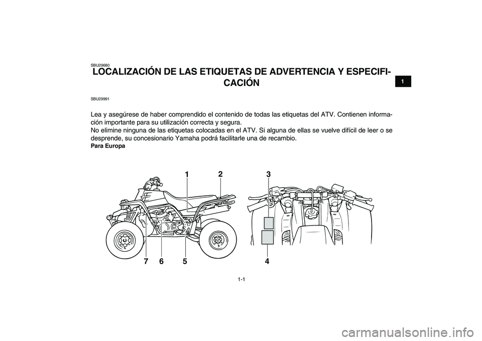 YAMAHA BANSHEE 350 2011  Manuale de Empleo (in Spanish)  
1-1 
1
2
3
4
5
6
7
8
9
10
11
 
SBU29680 
LOCALIZACIÓN DE LAS ETIQUETAS DE ADVERTENCIA Y ESPECIFI-
CACIÓN  
SBU29991 
Lea y asegúrese de haber comprendido el contenido de todas las etiquetas del A