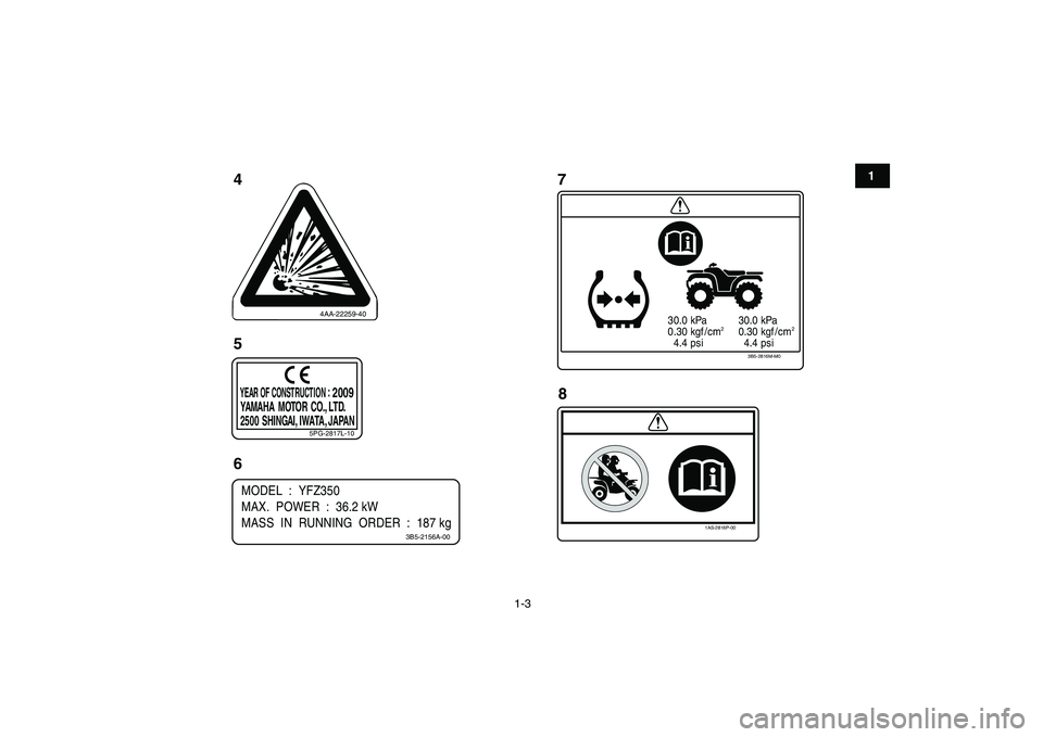 YAMAHA BANSHEE 350 2010  Owners Manual  
1-3 
1
2
3
4
5
6
7
8
9
10
11
4
57
4AA-22259-405PG-2817L-10
YEAR OF CONSTRUCTI ON:
 
2009
 YAMAHA   MOTOR  CO., LT D.
 2500  SHINGAI,  IWATA,  JAPANMODEL  :  YFZ350
MAX.  POWER  :  36.2 kW
MASS  IN  
