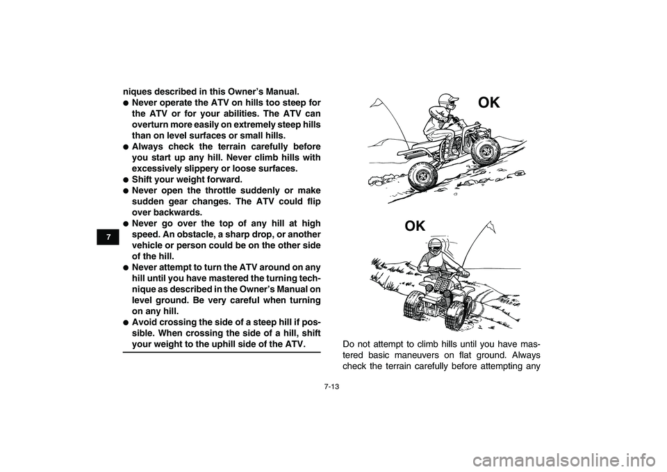 YAMAHA BANSHEE 350 2010 Owners Manual
7-13
1
2
3
4
5
67
8
9
10
11
niques described in this Owner’s Manual.
Never operate the ATV on hills too steep for
the ATV or for your abilities. The ATV can
overturn more easily on extremel YAMAHA BANSHEE 350 2010 Owners Manual
7-13
1
2
3
4
5
67
8
9
10
11
niques described in this Owner’s Manual.
Never operate the ATV on hills too steep for
the ATV or for your abilities. The ATV can
overturn more easily on extremel