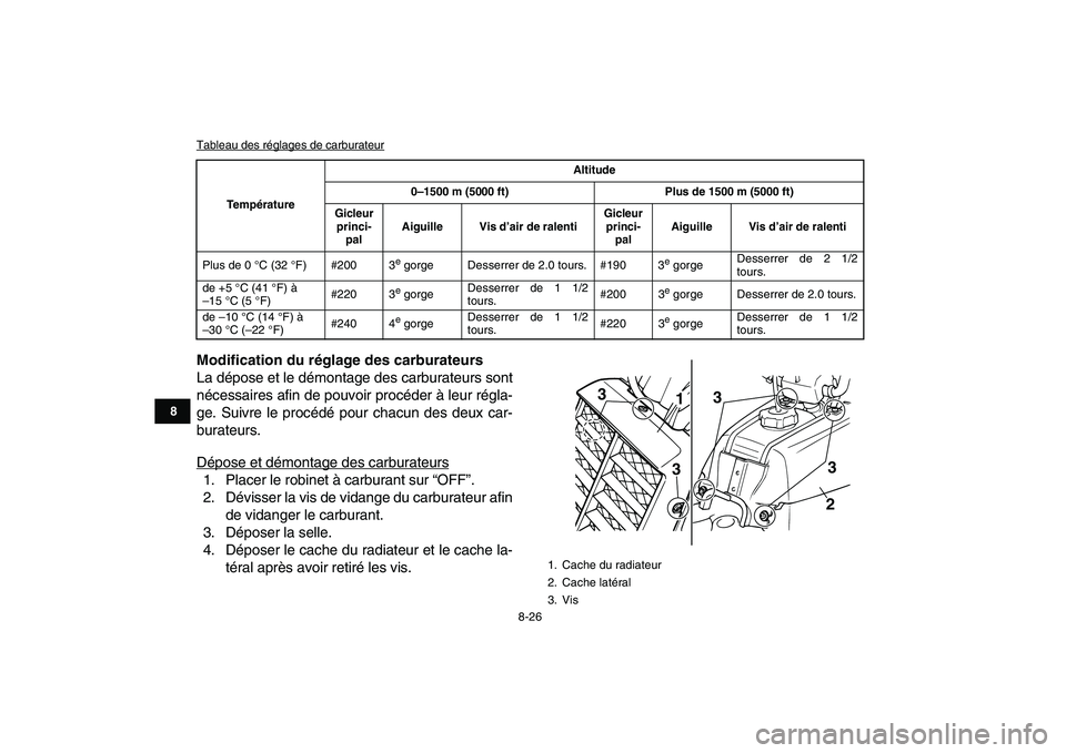 YAMAHA BANSHEE 350 2010  Notices Demploi (in French)  
8-26 
1
2
3
4
5
6
78
9
10
11
 
Tableau des réglages de carburateur 
Modification du réglage des carburateurs 
La dépose et le démontage des carburateurs sont
nécessaires afin de pouvoir procéd