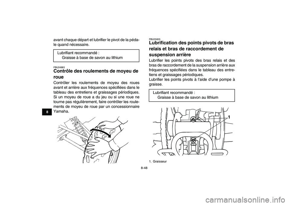 YAMAHA BANSHEE 350 2010  Notices Demploi (in French)  
8-48 
1
2
3
4
5
6
78
9
10
11
 
avant chaque départ et lubrifier le pivot de la péda-
le quand nécessaire. 
FBU24963 
Contrôle des roulements de moyeu de 
roue  
Contrôler les roulements de moye