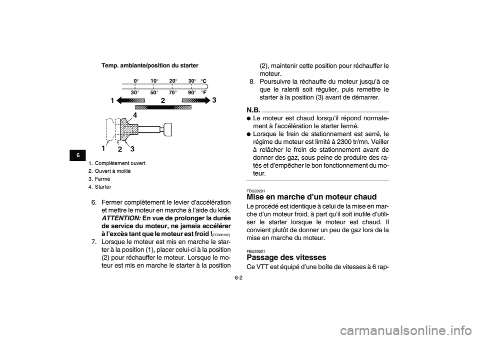 YAMAHA BANSHEE 350 2010  Notices Demploi (in French)  
6-2 
1
2
3
4
56
7
8
9
10
11
Temp. ambiante/position du starter
 
6. Fermer complètement le levier d’accélération
et mettre le moteur en marche à l’aide du kick. 
ATTENTION: 
 En vue de prolo