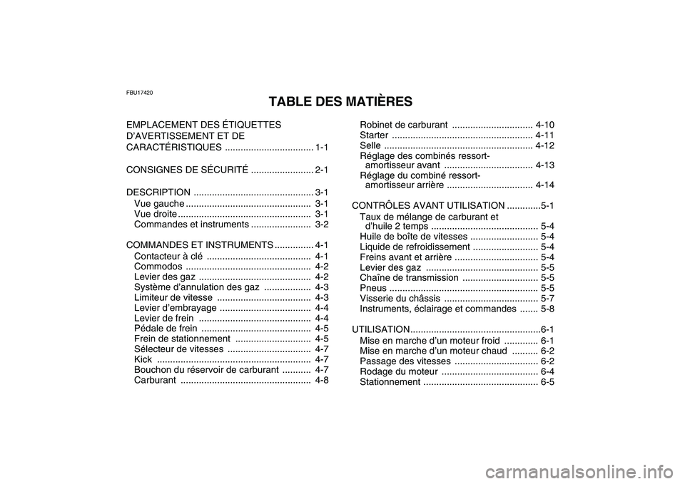 YAMAHA BANSHEE 350 2010 Notices Demploi (in French)
FBU17420
TABLE DES MATIÈRES
EMPLACEMENT DES ÉTIQUETTES
D’AVERTISSEMENT ET DE
CARACTÉRISTIQUES .................................. 1-1
CONSIGNES DE SÉCURITÉ ........................ 2-1
DES YAMAHA BANSHEE 350 2010 Notices Demploi (in French)
FBU17420
TABLE DES MATIÈRES
EMPLACEMENT DES ÉTIQUETTES
D’AVERTISSEMENT ET DE
CARACTÉRISTIQUES .................................. 1-1
CONSIGNES DE SÉCURITÉ ........................ 2-1
DES