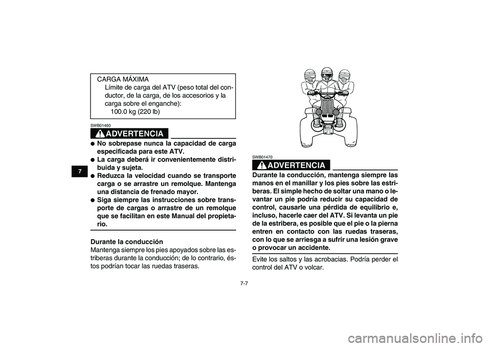 YAMAHA BANSHEE 350 2008 Manuale de Empleo (in Spanish)
7-7
1
2
3
4
5
67
8
9
10
11
ADVERTENCIA
SWB01460
No sobrepase nunca la capacidad de carga
especificada para este ATV.
La carga deberá ir convenientemente distri-
buida y sujeta.
Redu YAMAHA BANSHEE 350 2008 Manuale de Empleo (in Spanish)
7-7
1
2
3
4
5
67
8
9
10
11
ADVERTENCIA
SWB01460
No sobrepase nunca la capacidad de carga
especificada para este ATV.
La carga deberá ir convenientemente distri-
buida y sujeta.
Redu