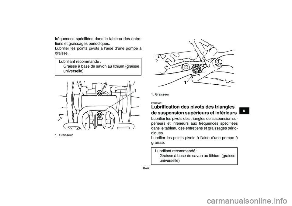 YAMAHA BANSHEE 350 2008  Notices Demploi (in French)  
8-47 
1
2
3
4
5
6
78
9
10
11
 
fréquences spécifiées dans le tableau des entre-
tiens et graissages périodiques.
Lubrifier les points pivots à l’aide d’une pompe à
graisse. 
FBU25031 
Lubr