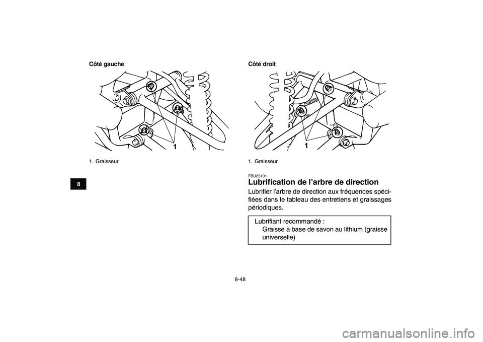 YAMAHA BANSHEE 350 2008  Notices Demploi (in French)  
8-48 
1
2
3
4
5
6
78
9
10
11
Côté gauche Côté droit
 
FBU25101 
Lubrification de l’arbre de direction  
Lubrifier l’arbre de direction aux fréquences spéci-
fiées dans le tableau des entr