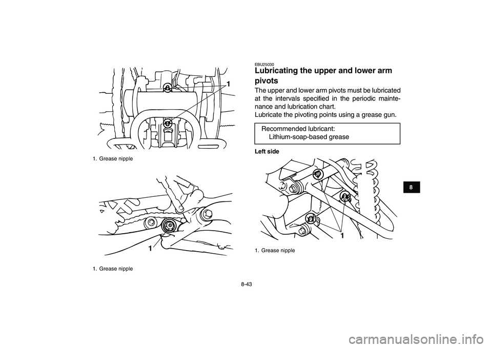 YAMAHA BANSHEE 350 2007  Owners Manual  
8-43 
1
2
3
4
5
6
78
9
10
11
 
EBU25030 
Lubricating the upper and lower arm 
pivots  
The upper and lower arm pivots must be lubricated
at the intervals specified in the periodic mainte-
nance and 