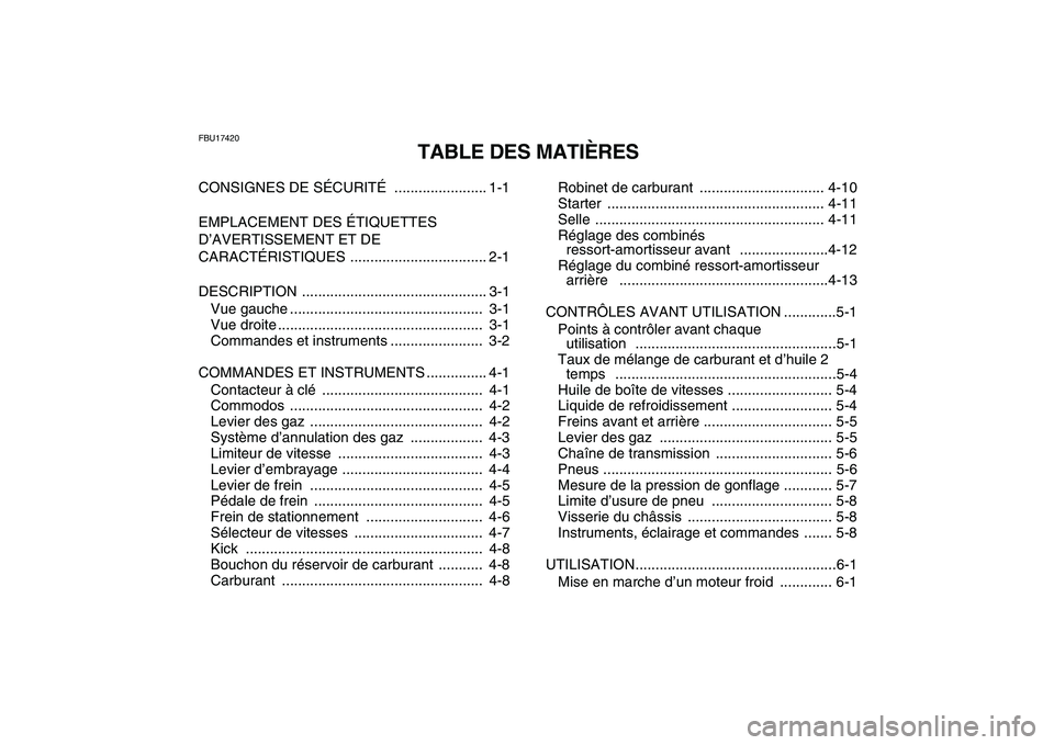 YAMAHA BANSHEE 350 2007 Notices Demploi (in French)
FBU17420
TABLE DES MATIÈRES
CONSIGNES DE SÉCURITÉ ....................... 1-1
EMPLACEMENT DES ÉTIQUETTES
D’AVERTISSEMENT ET DE
CARACTÉRISTIQUES .................................. 2-1
DES YAMAHA BANSHEE 350 2007 Notices Demploi (in French)
FBU17420
TABLE DES MATIÈRES
CONSIGNES DE SÉCURITÉ ....................... 1-1
EMPLACEMENT DES ÉTIQUETTES
D’AVERTISSEMENT ET DE
CARACTÉRISTIQUES .................................. 2-1
DES